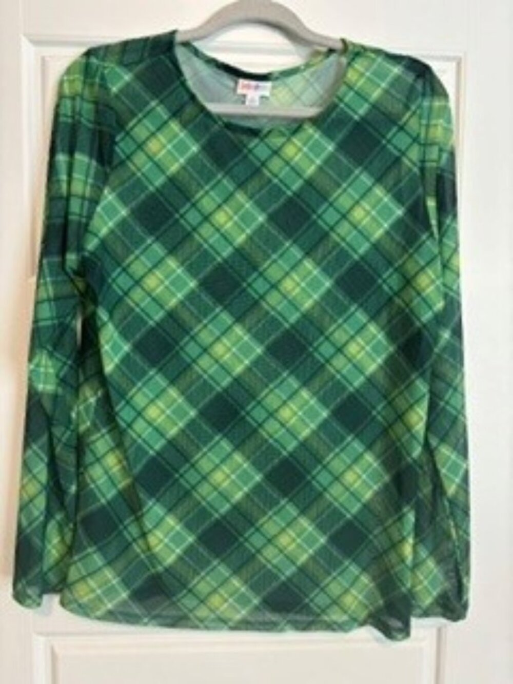 LuLaRoe May Green Plaid Long Sleeve Top size Large